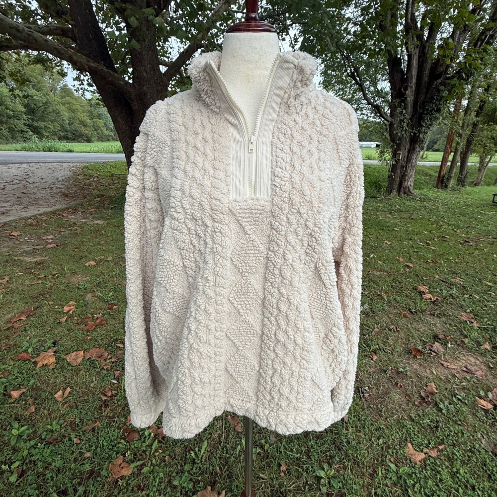 BIBI Women XL Cream Sherpa Fleece Quarter Zip Pullover Cable Knit IT4700S-01 Oat